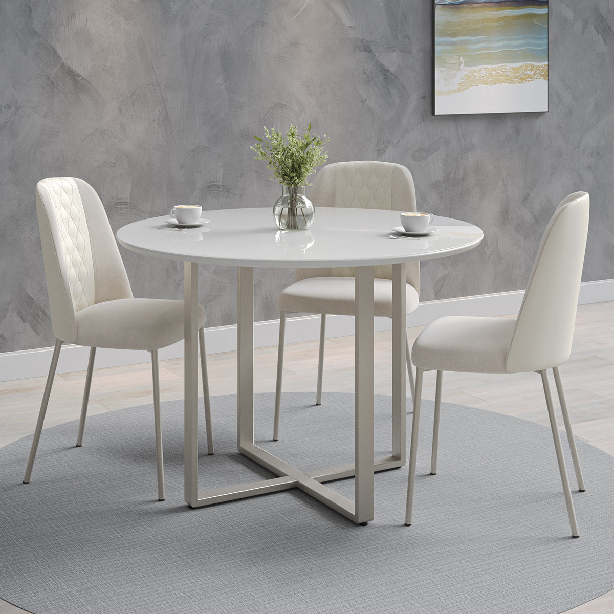 Mesa de Jantar Redonda com Vidro para 4 Lugares Arcádia 108cm Off-White Fosco com Champanhe