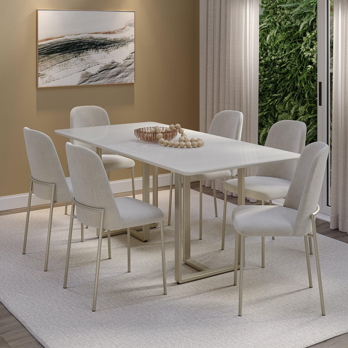 Mesa de Jantar Retangular com Vidro para 6 Lugares Arcádia 160cm Off-White Fosco com Champanhe