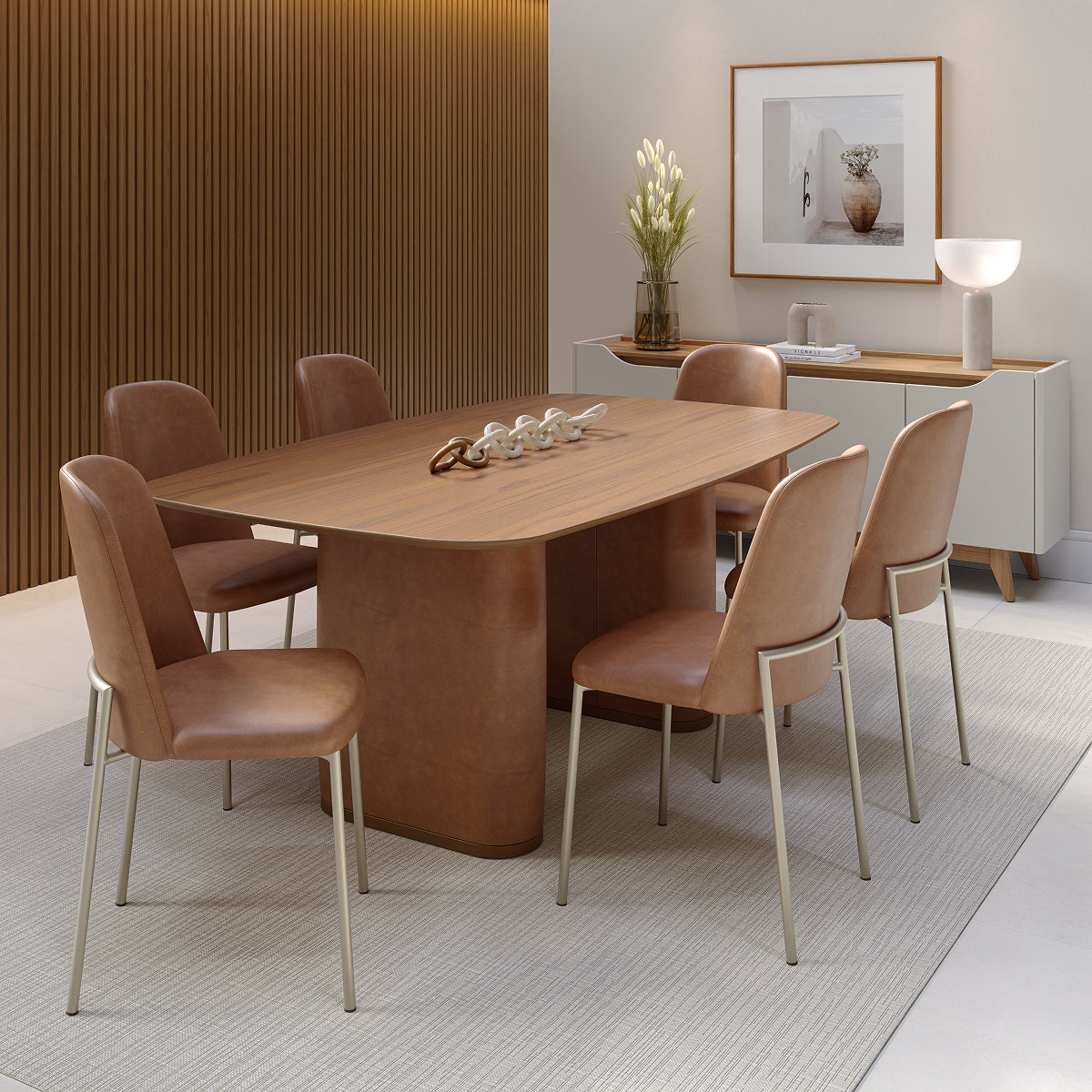 Mesa de Jantar Retangular para 6 Lugares Lintz 184cm Canella com PU Caramelo