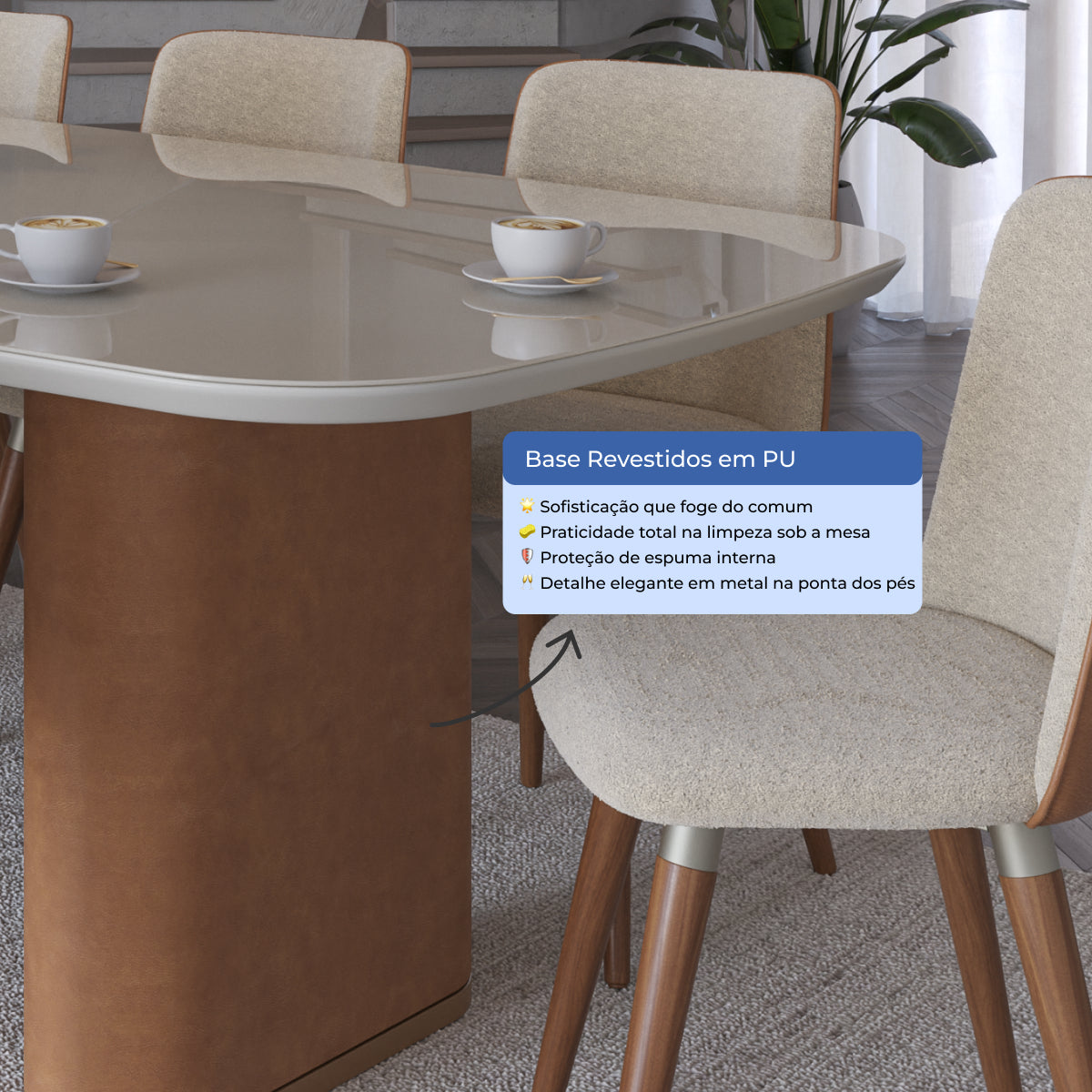 Mesa de Jantar Retangular com Vidro para 6 Lugares Lintz 184cm Off White Fosco com PU Caramelo e Canella