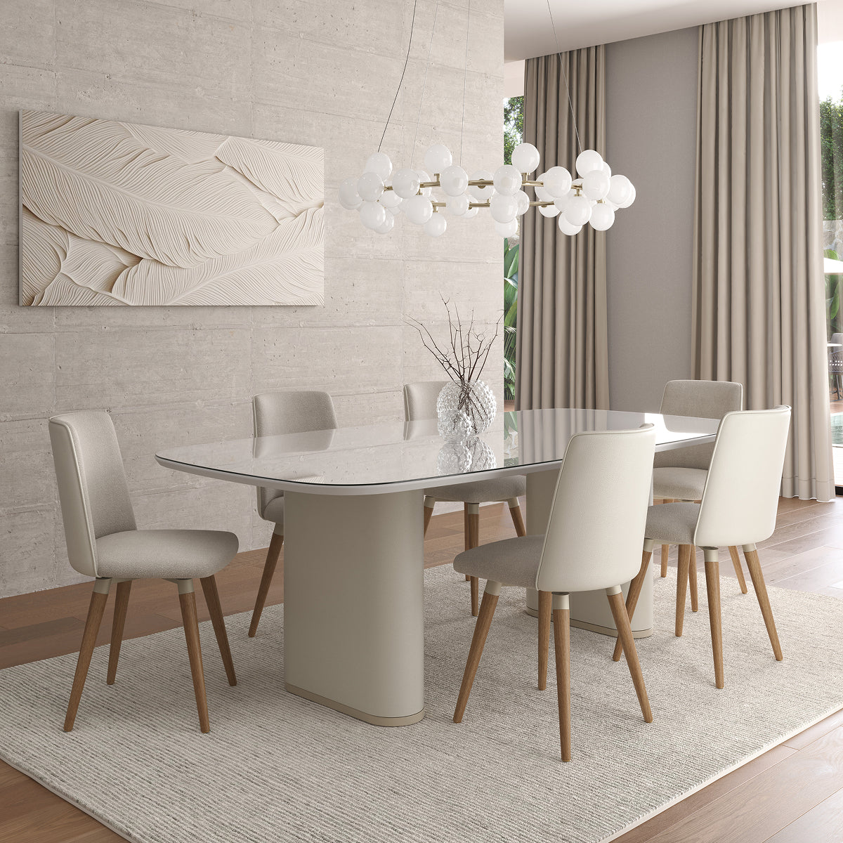 Mesa de Jantar Retangular com Vidro para 6 Lugares Lintz 184cm Off White Fosco com PU Off-White e Champanhe