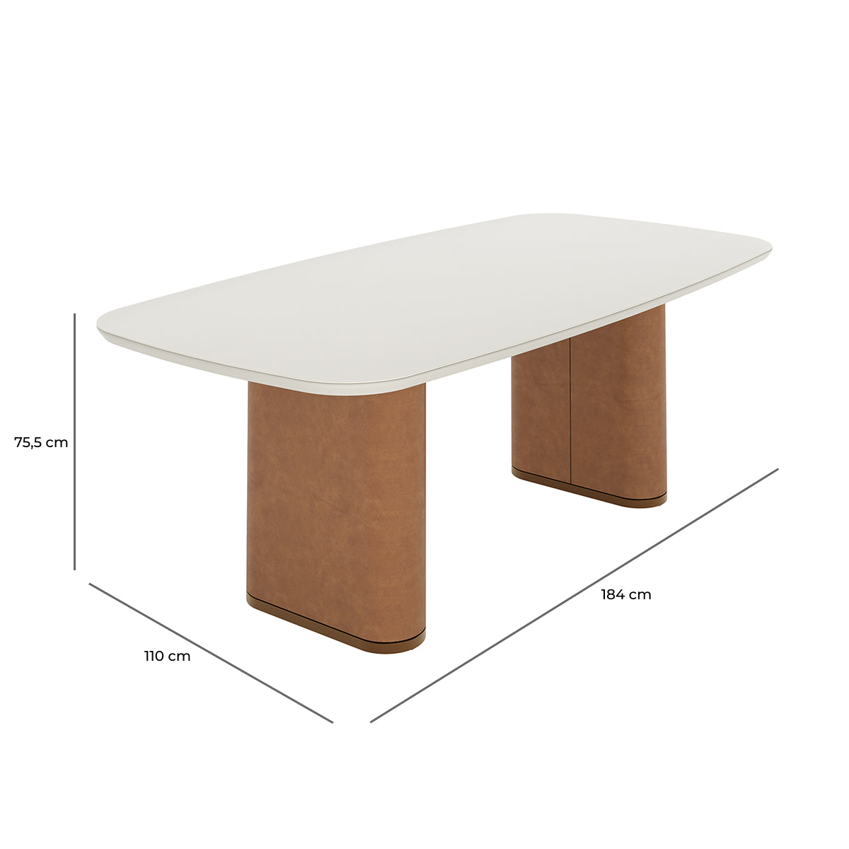 Mesa de Jantar Retangular com Vidro para 6 Lugares Lintz 184cm Off White Fosco com PU Caramelo e Canella