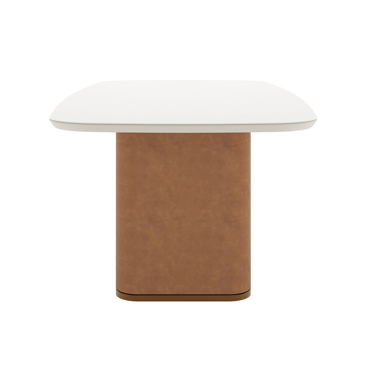 Mesa de Jantar Retangular com Vidro para 8 Lugares Lintz 219cm Off White Fosco com PU Caramelo e Canella