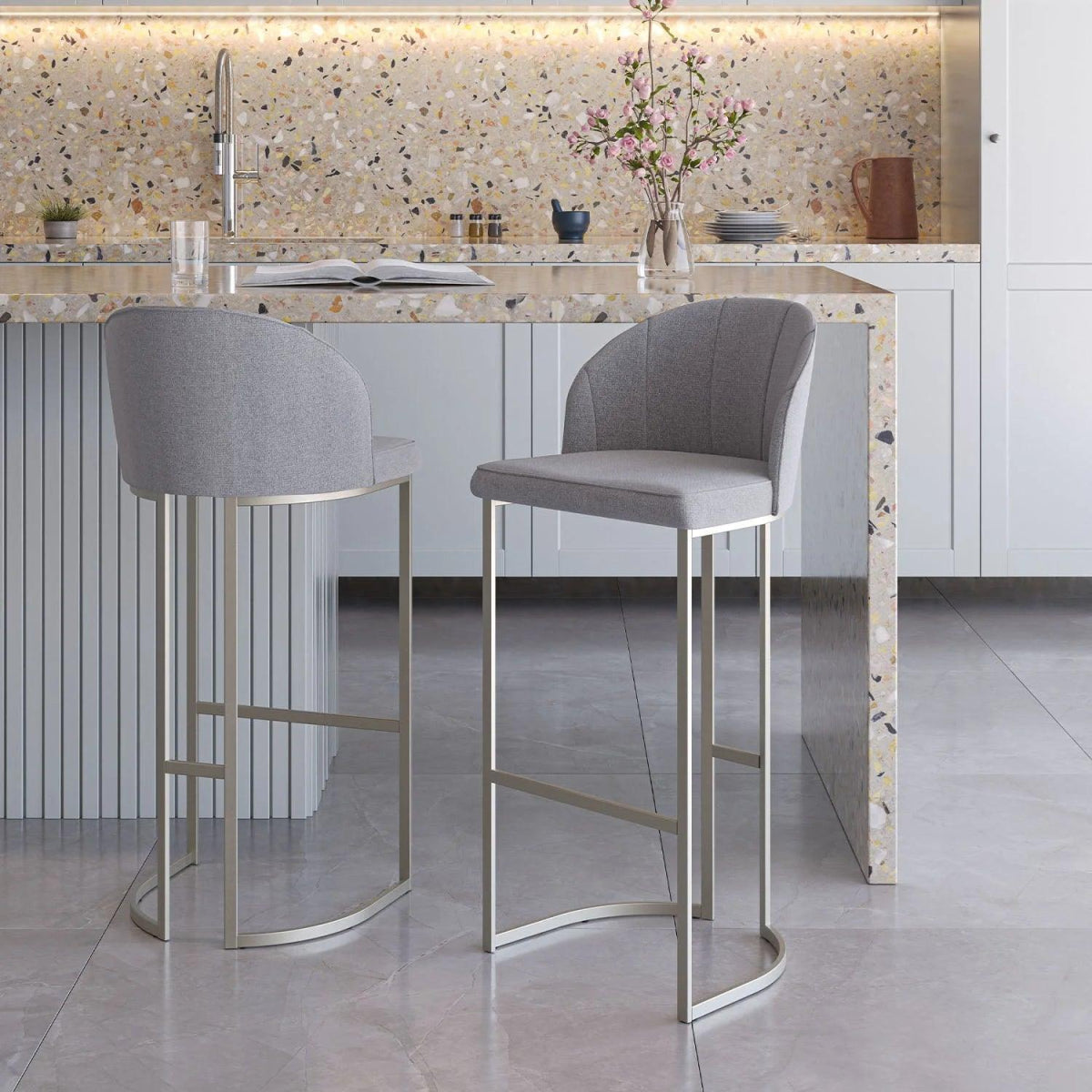 Banqueta Alta de Aço Beverly - Champanhe - Champanhe c/ Linho Mescla Cru - Linked 200 02 - Província - Banquetas