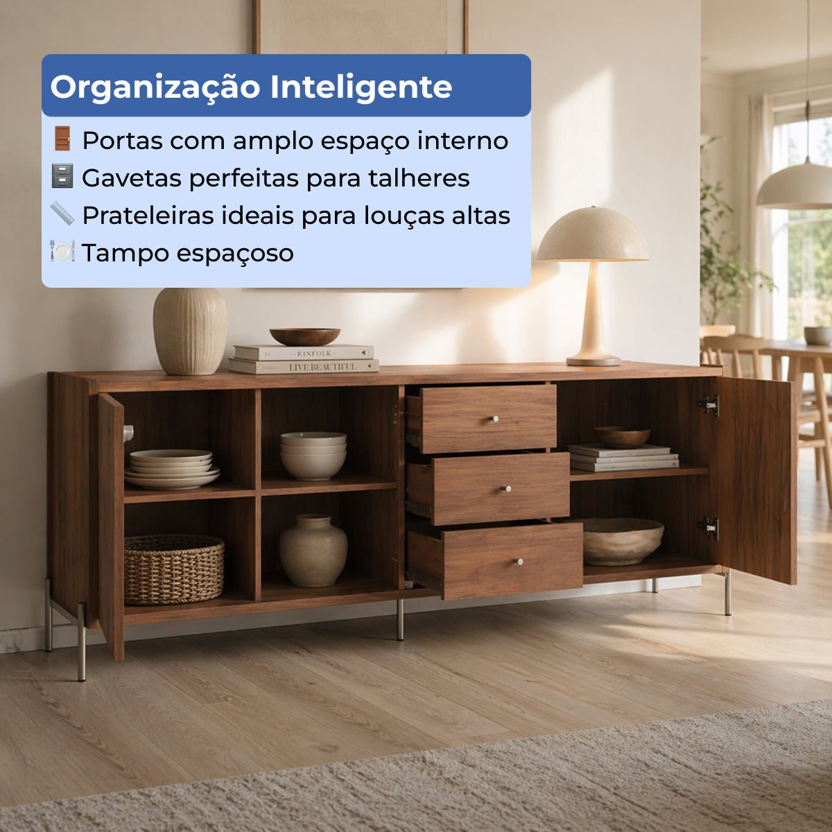 Buffet 3 Portas 3 Gavetas Jasper 185cm Canella com Champanhe
