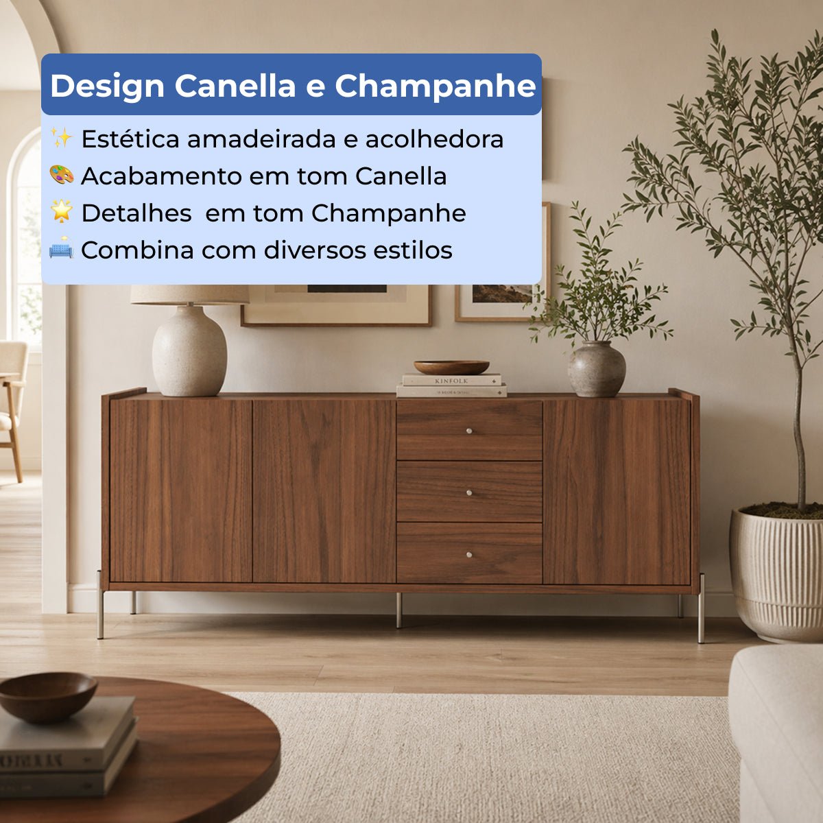Buffet 3 Portas 3 Gavetas Jasper 185cm Canella com Champanhe - Província - Buffet