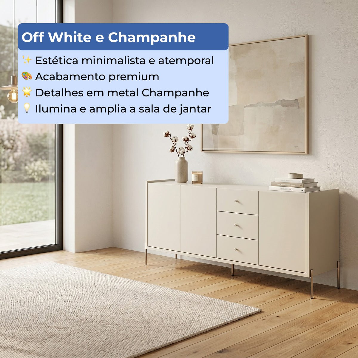 Buffet 3 Portas 3 Gavetas Jasper 185cm Off-White Fosco com