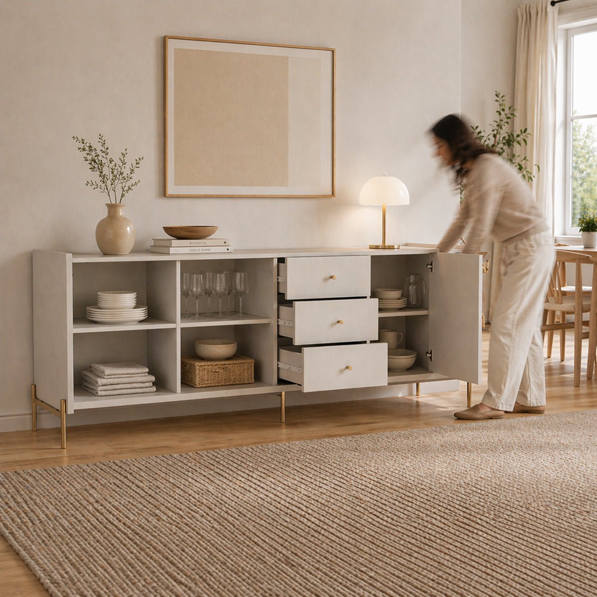 Buffet 3 Portas 3 Gavetas Jasper 185cm Off - White Fosco com Dourado - Província - Buffet