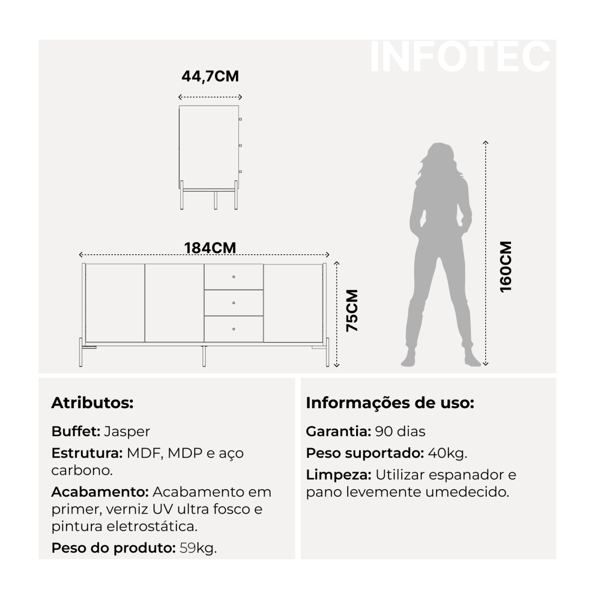 Buffet Jasper 185 cm - Canella c/ Champanhe - Província - Buffet