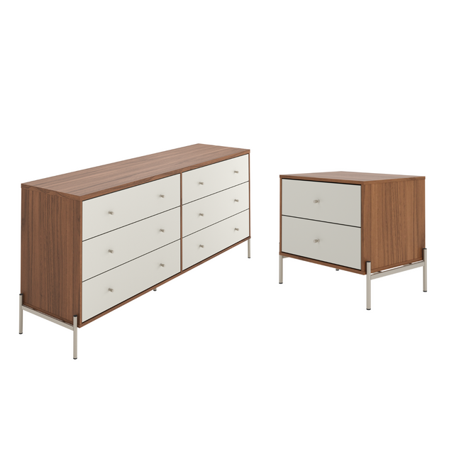 Cômoda com 6 Gavetas e Mesa de Cabeceira Jasper Canella com Off White