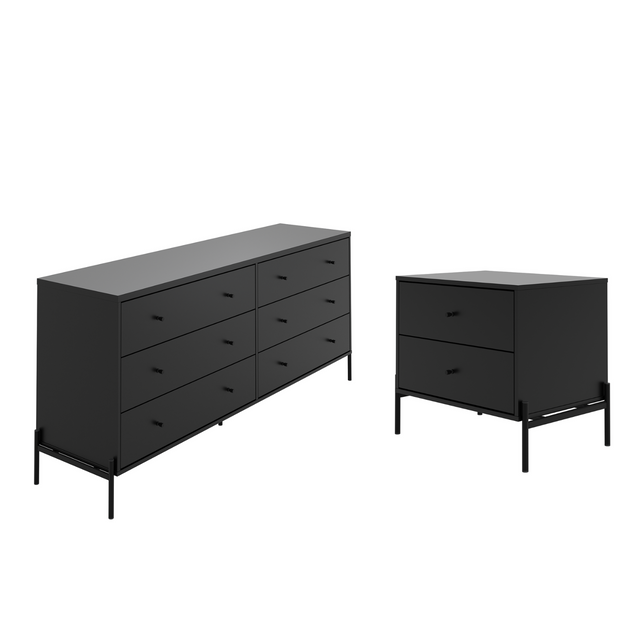 Cômoda com 6 Gavetas e Mesa de Cabeceira Jasper Preto Fosco