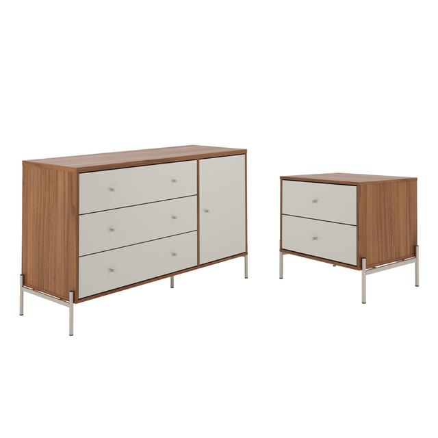 Cômoda 3 Gavetas 1 Porta Jasper com Mesa de Cabeceira Canella e Off White com Champanhe
