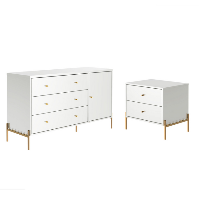 Cômoda 3 Gavetas 1 Porta Jasper com Mesa de Cabeceira Branco Gloss com Dourado