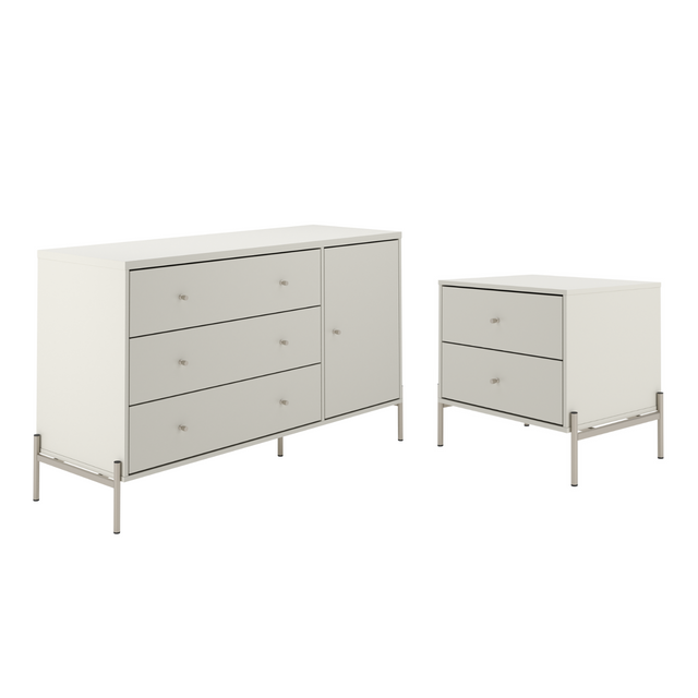 Cômoda 3 Gavetas 1 Porta Jasper com Mesa de Cabeceira Off White Fosco com Champanhe