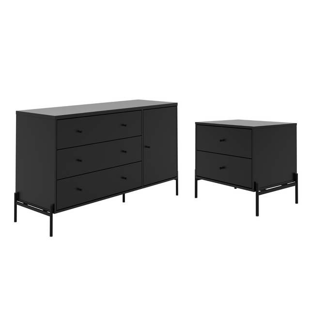 Cômoda 3 Gavetas 1 Porta Jasper com Mesa de Cabeceira Preto Fosco