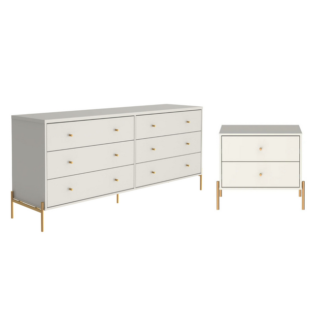 Cômoda com 6 Gavetas e Mesa de Cabeceira Jasper Off White com Dourado