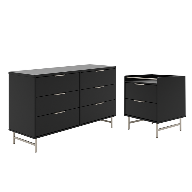 Cômoda 6 Gavetas 135cm e Mesa de Cabeceira Yves Preto com Champanhe