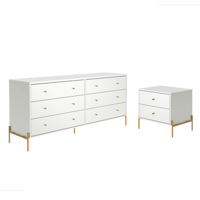 Cômoda com 6 Gavetas e Mesa de Cabeceira Jasper Branco com Dourado