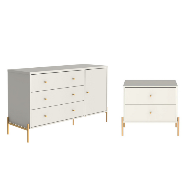 Cômoda 3 Gavetas 1 Porta Jasper com Mesa de Cabeceira Off White Fosco com Dourado