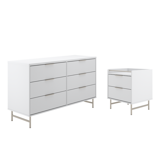 Cômoda 6 Gavetas 135cm e Mesa de Cabeceira Yves Branco com Champanhe