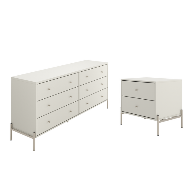 Cômoda com 6 Gavetas e Mesa de Cabeceira Jasper Off White com Champanhe