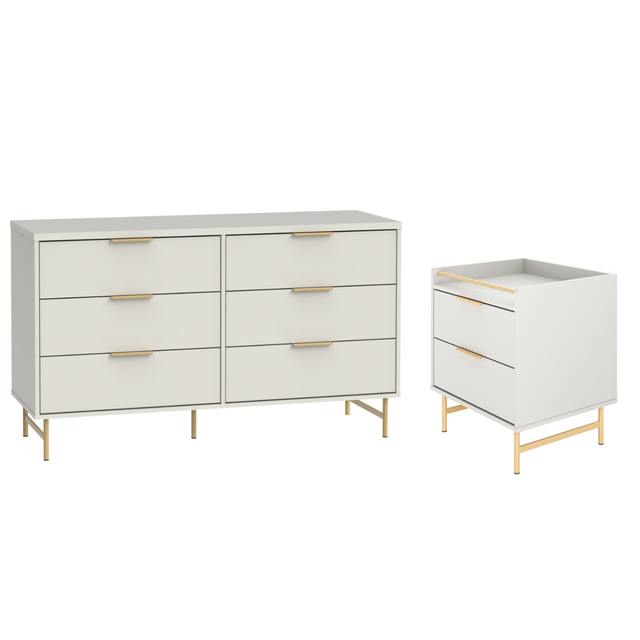 Cômoda 6 Gavetas 135cm e Mesa de Cabeceira Yves Off White com Dourado