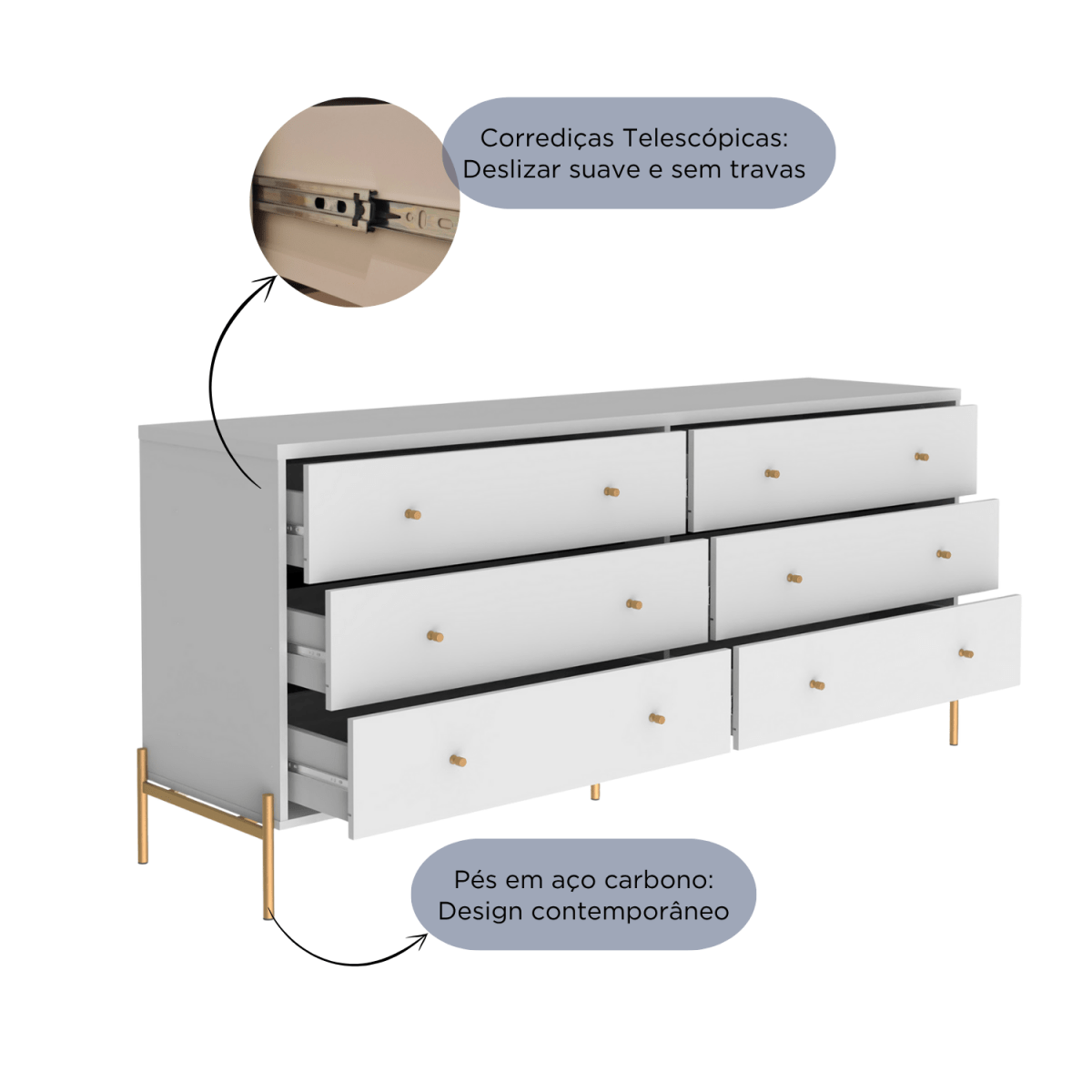 Cômoda 6 Gavetas Jasper 182 cm Branco Gloss com Dourado - Província - Cômoda