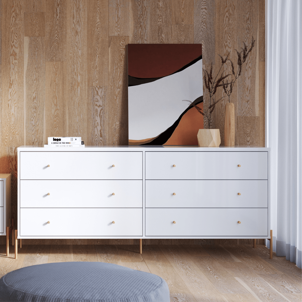 Cômoda 6 Gavetas Jasper 182 cm Branco Gloss com Dourado - Província - Cômoda