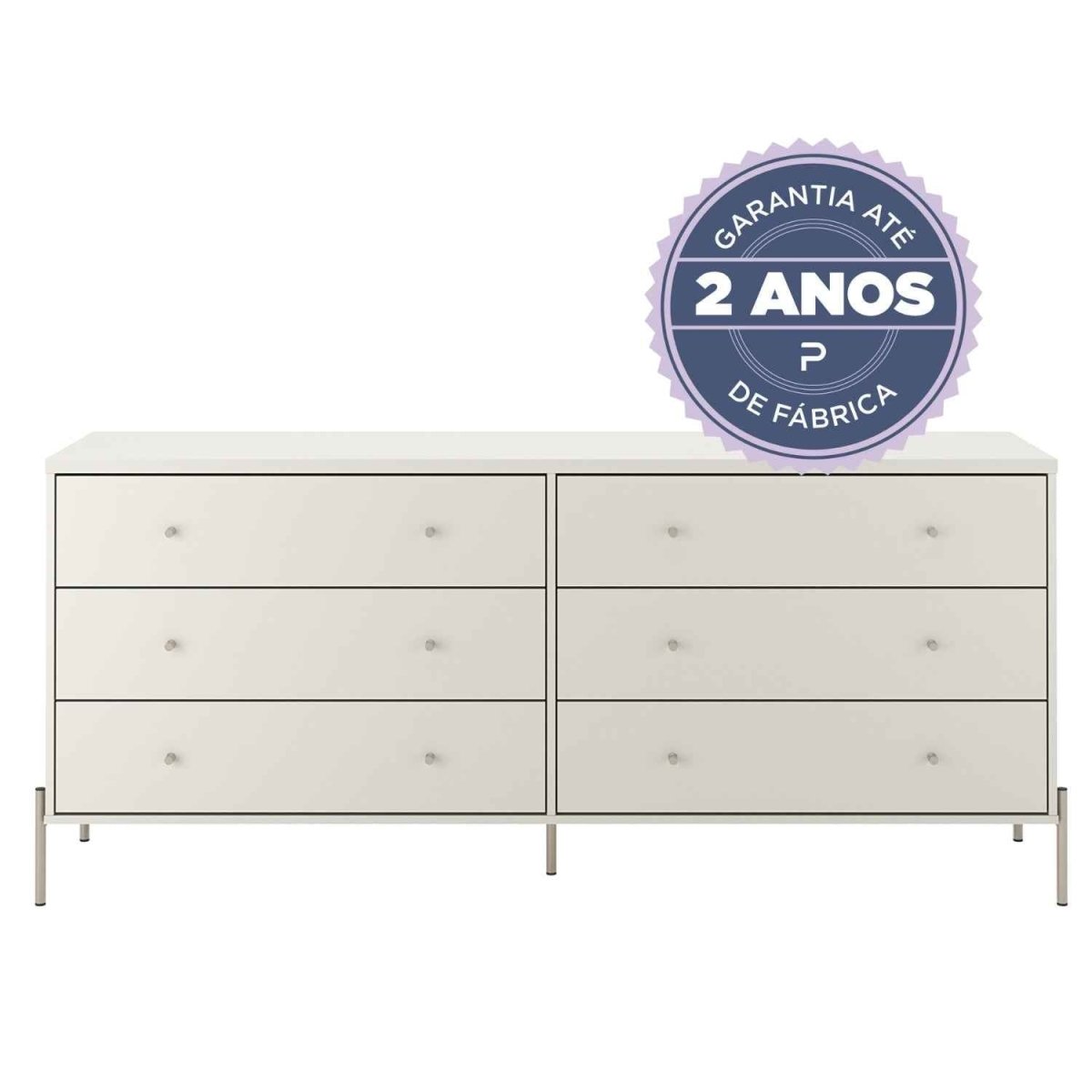 Cômoda 6 Gavetas Jasper 182cm Off-White Fosco com Champanhe