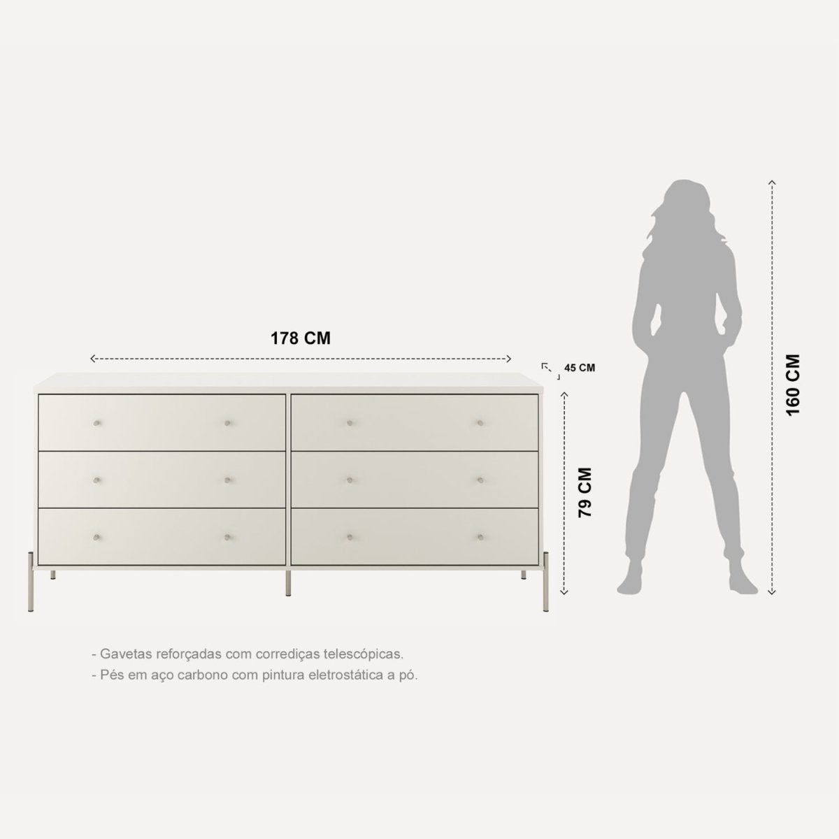 Cômoda 6 Gavetas Jasper 182cm Off-White Fosco com Champanhe