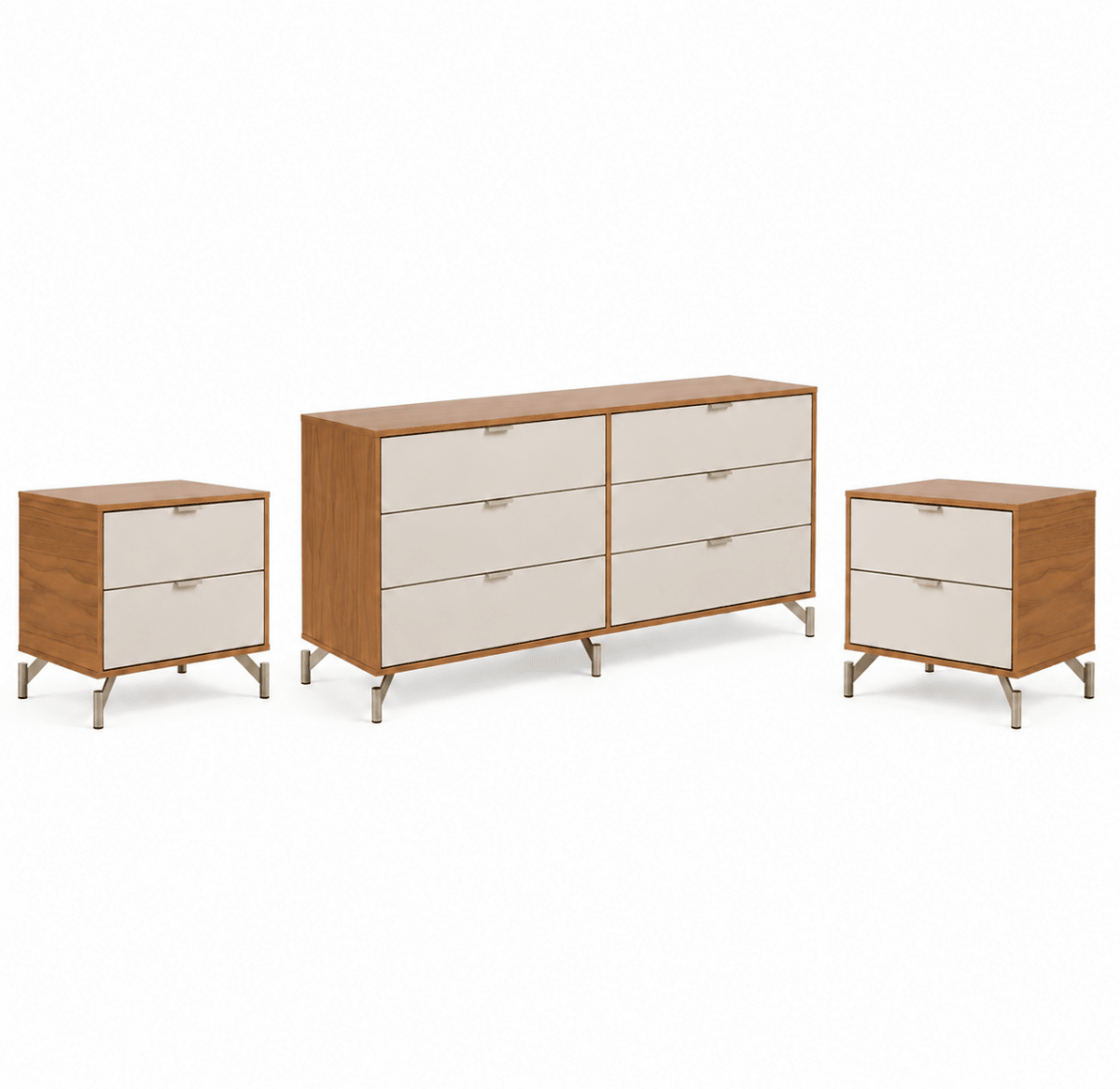 Cômoda com 6 Gavetas e 2 Mesas de Cabeceira Glow Off White Fosco com Champanhe - Província - Conjunto para Quarto