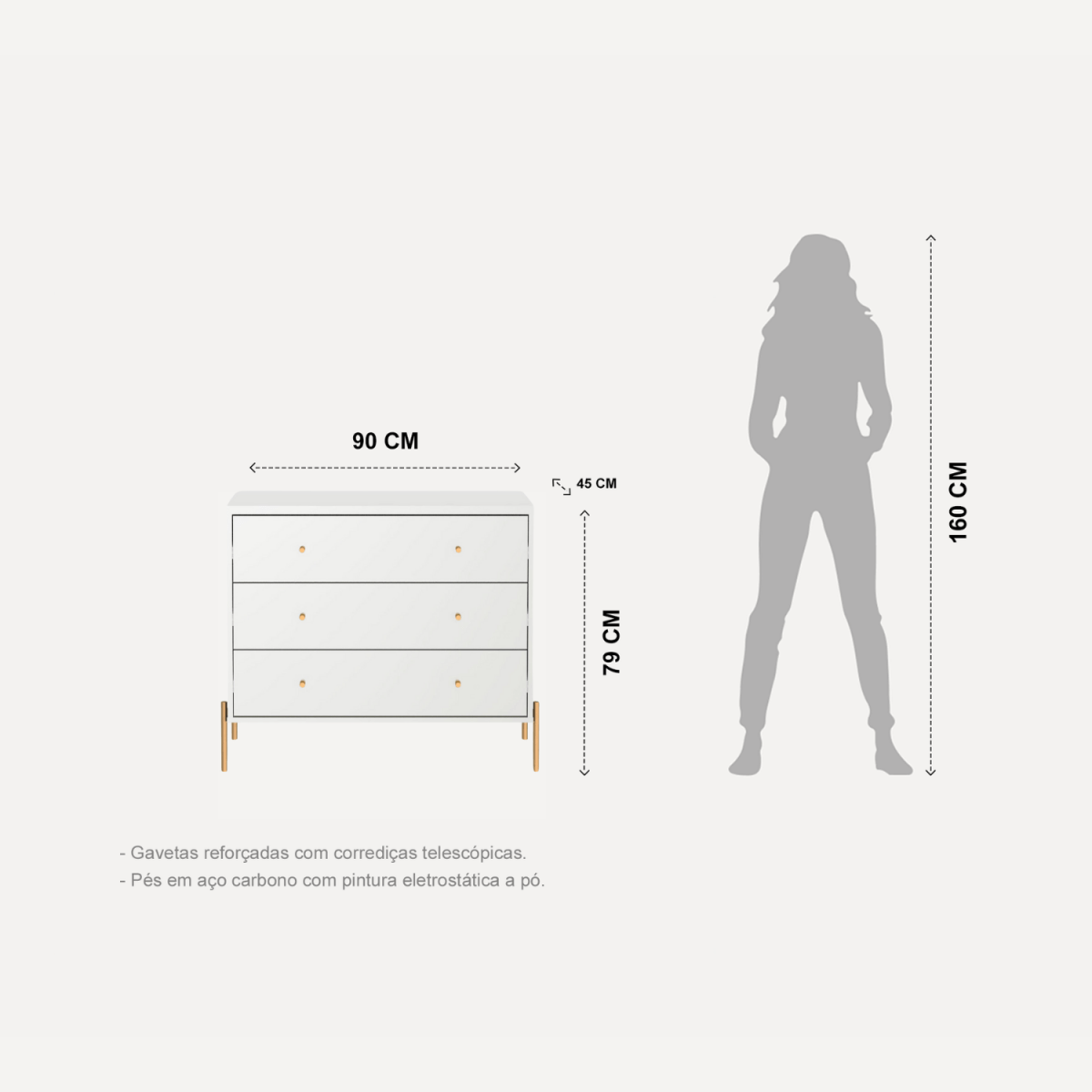 Cômoda Jasper 3 Gavetas 94cm Branco Gloss com Dourado - Província - Cômoda