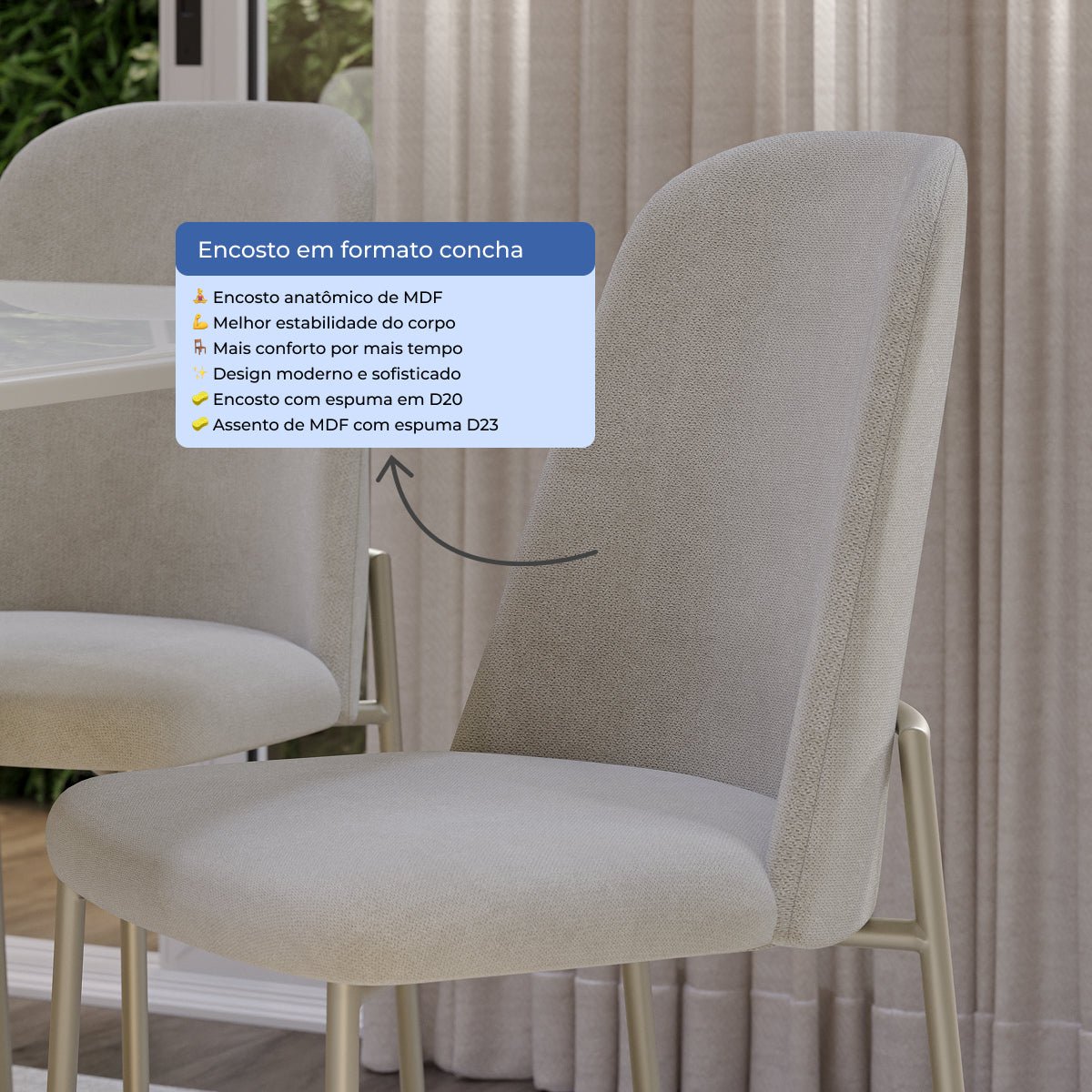 Conjunto de 6 Cadeiras de Aço Estofada Lucille Champanhe com Soft Palha - Província - 