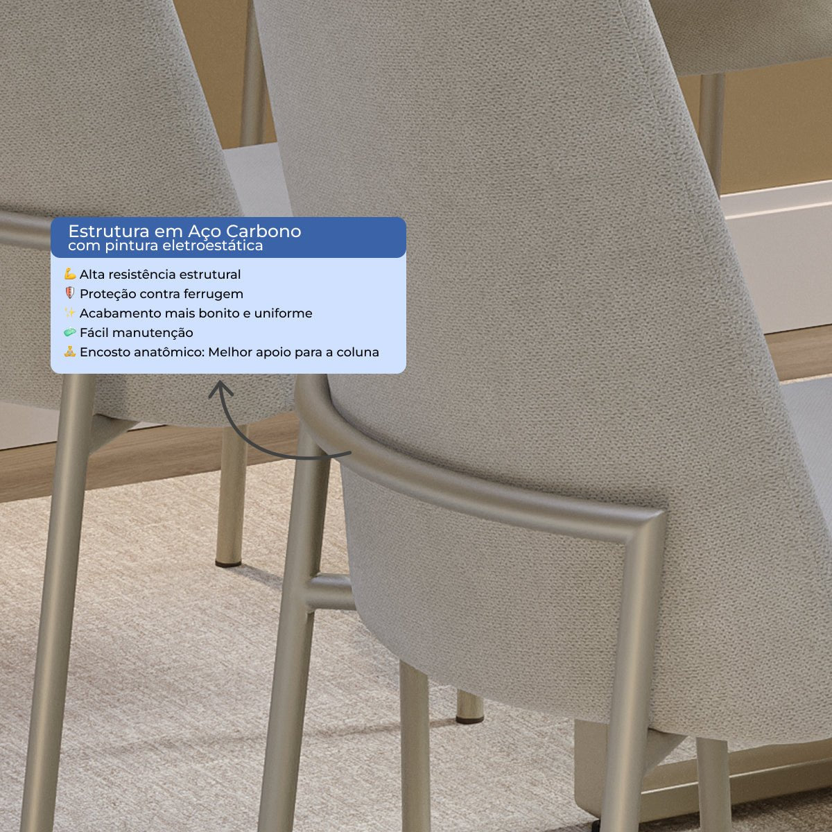 Conjunto de 8 Cadeiras de Aço Estofada Lucille Champanhe com Soft Palha - Província - 