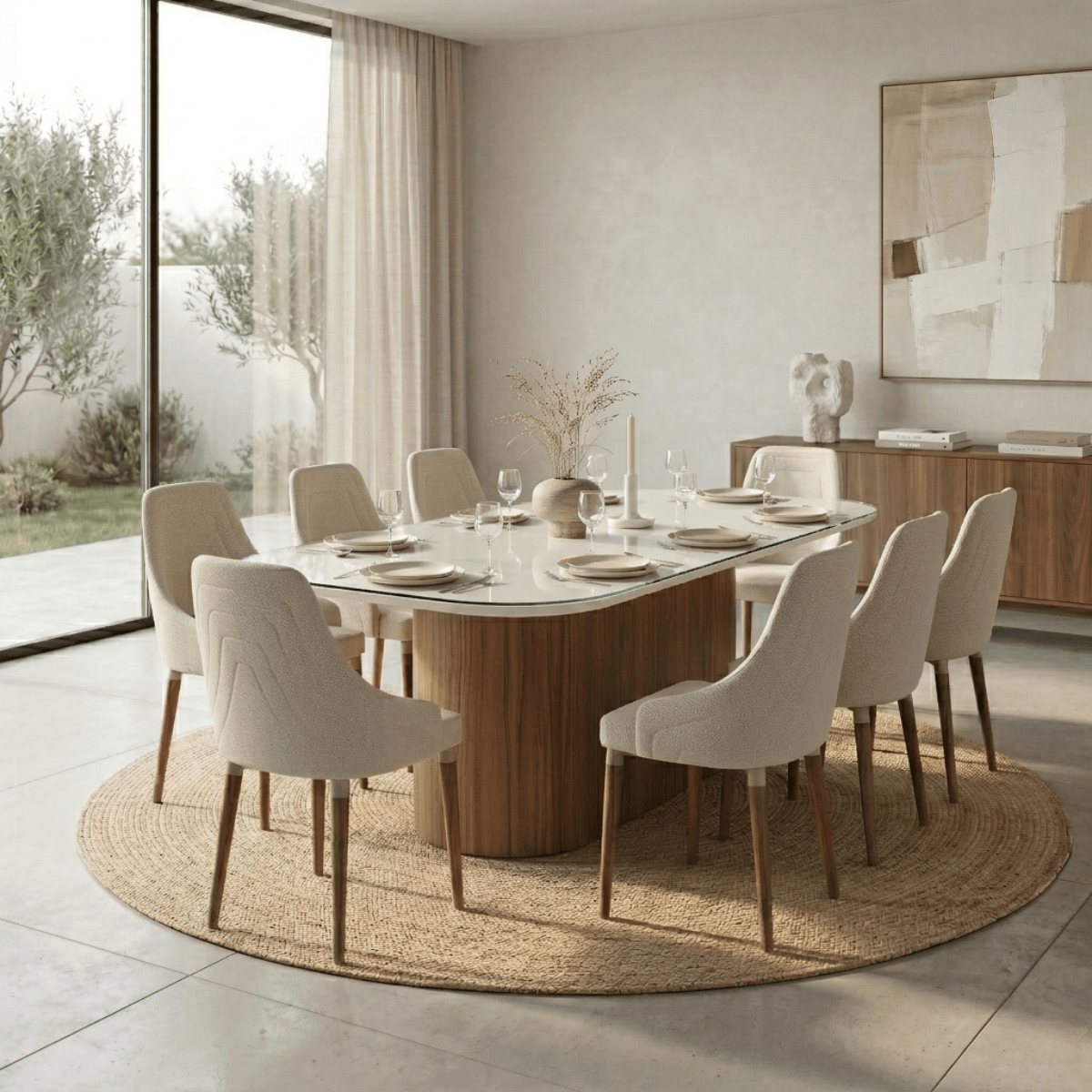 Conjunto de Jantar Mesa Retangular com Vidro Kalina 8 Cadeiras Evelyn Natural com Off White - Província - 