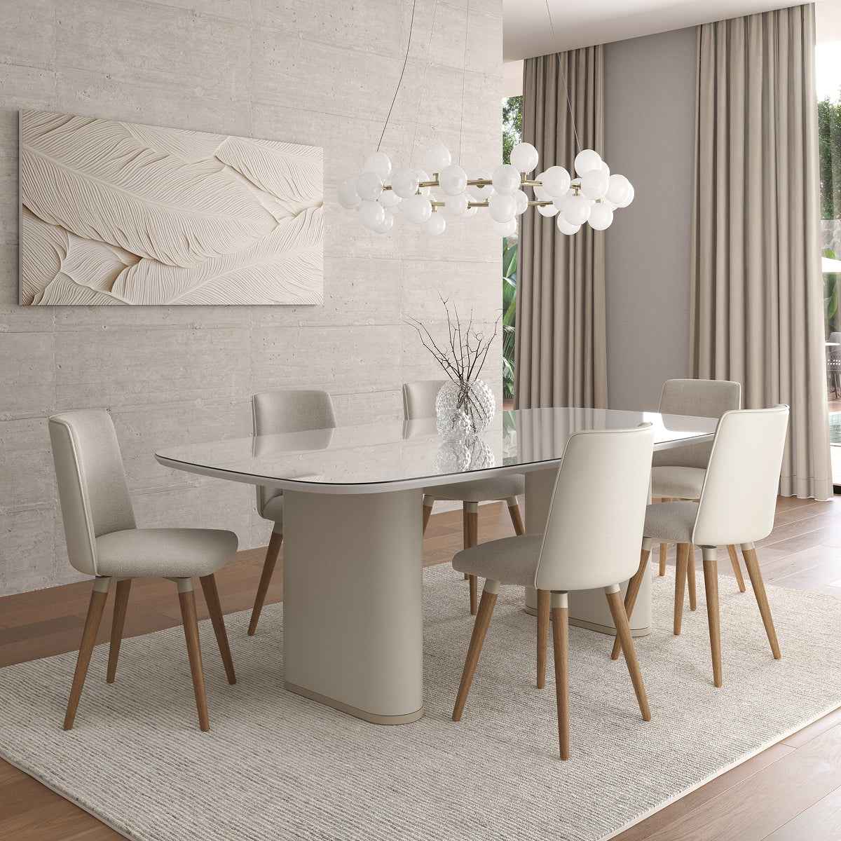 Conjunto de Jantar Mesa Retangular com Vidro Lintz 6 Cadeiras Giratórias Dakota Off White Bege e Champanhe - Província - Mesa 6 Cadeiras