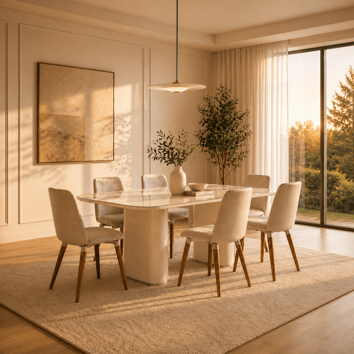 Conjunto de Jantar Mesa Retangular com Vidro Lintz 6 Cadeiras Giratórias Dakota Off White Bege e Champanhe - Província - Mesa 6 Cadeiras