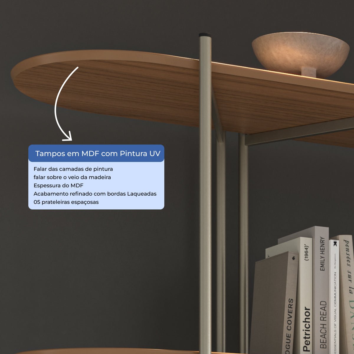 Estante 5 Prateleiras Aço com MDF Enya 180cm Canella com Champanhe - Província - Estante