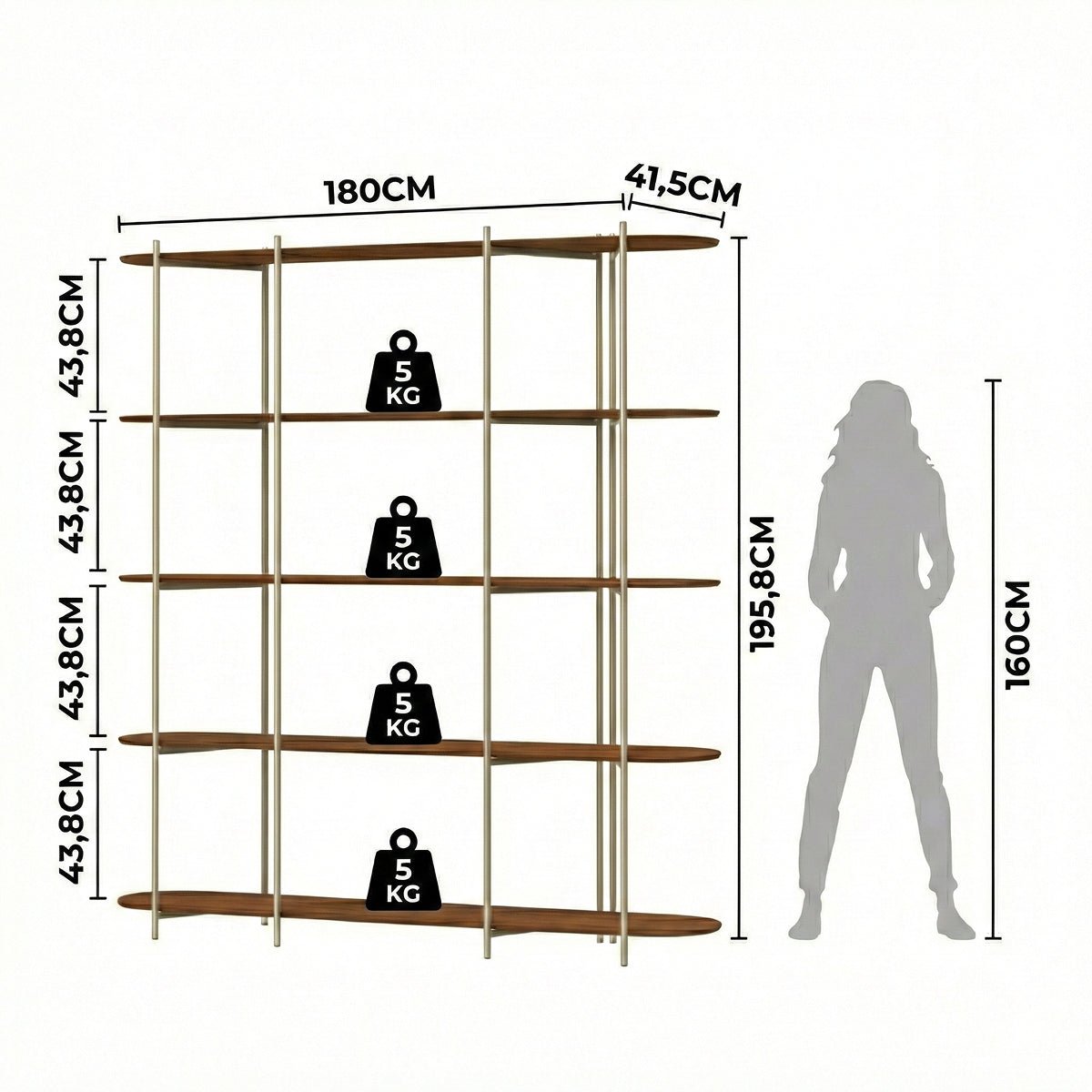 Estante 5 Prateleiras Aço com MDF Enya 180cm Canella com Champanhe - Província - Estante
