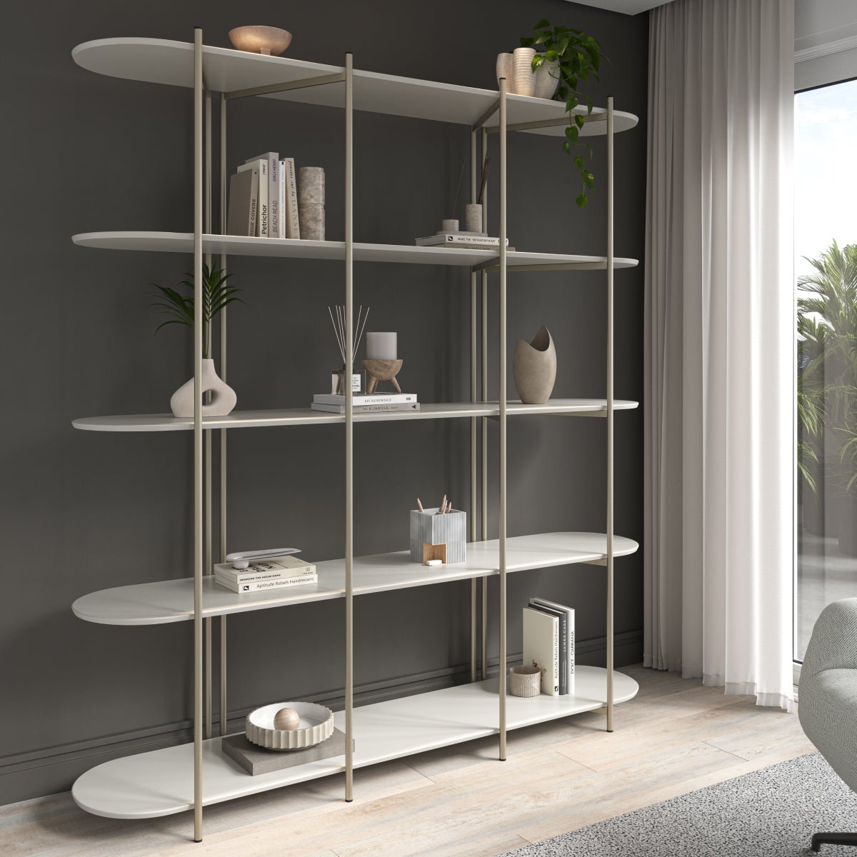 Estante 5 Prateleiras Aço com MDF Enya 180cm Off - White Fosco com Champanhe - Província - Estante