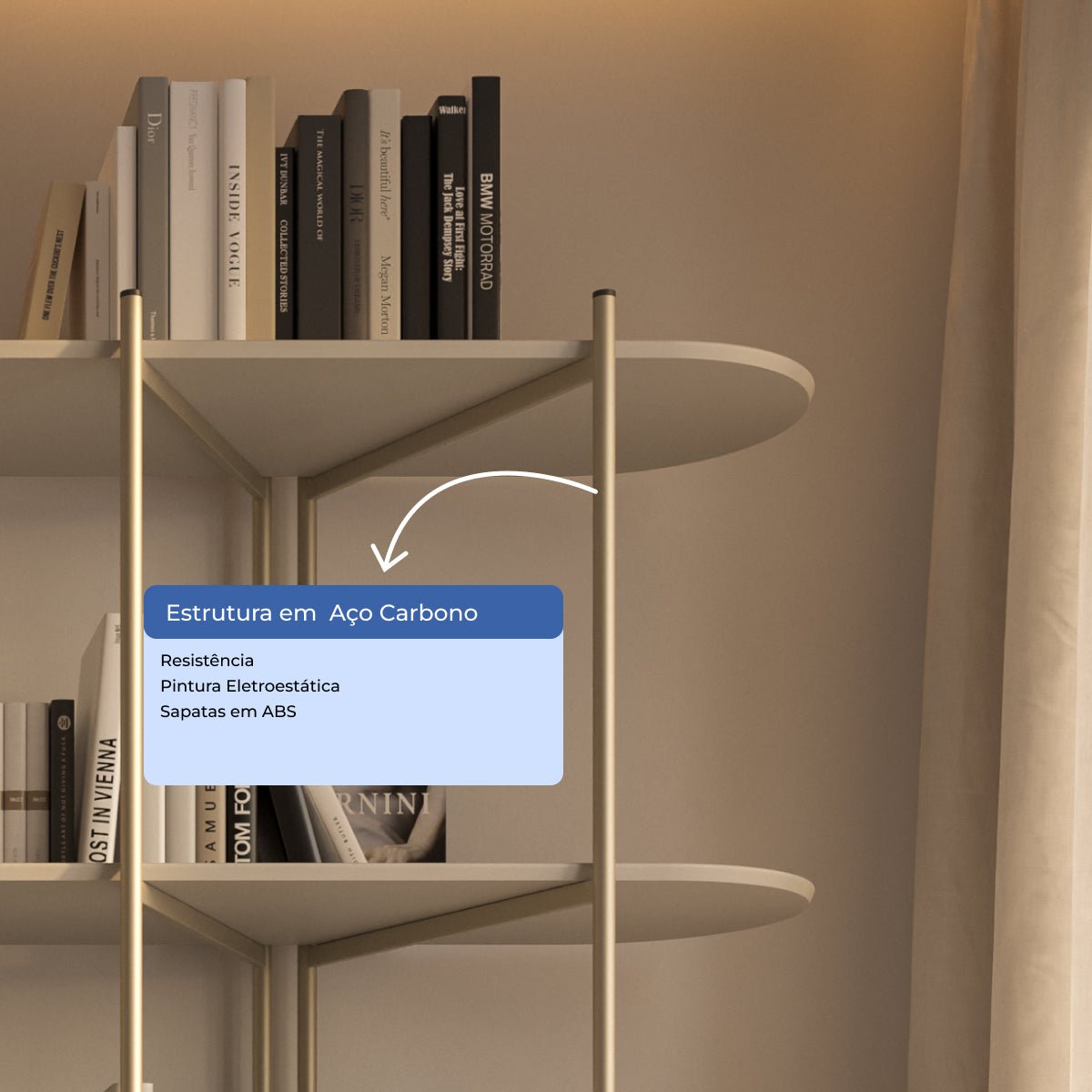 Estante 5 Prateleiras Aço com MDF Enya 180cm Off - White Fosco com Champanhe - Província - Estante