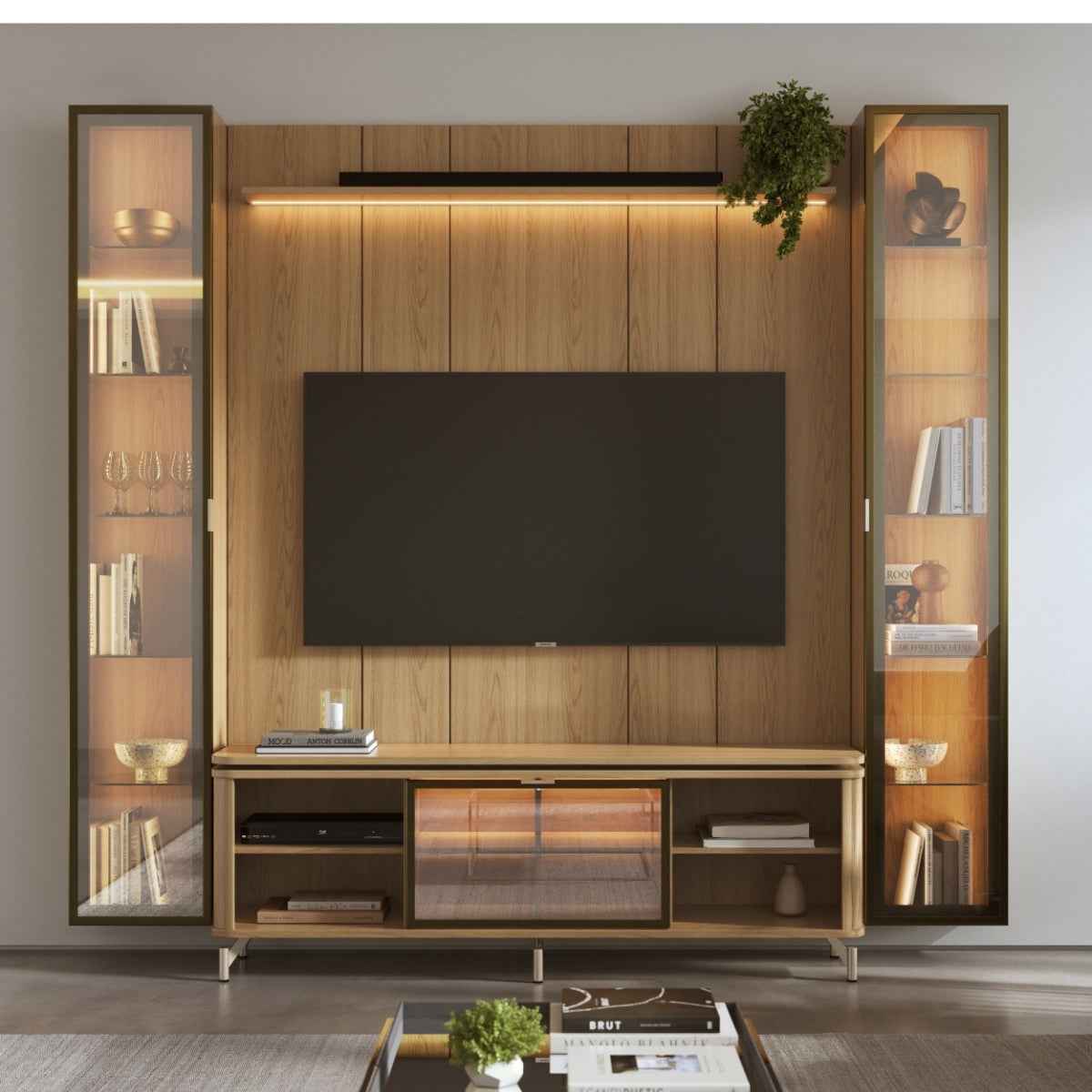 Estante para TV até 75 Polegadas com 2 Cristaleiras Vidro Reflecta 100% MDF com Led Lincoln Float 254cm - Província - Rack com painel
