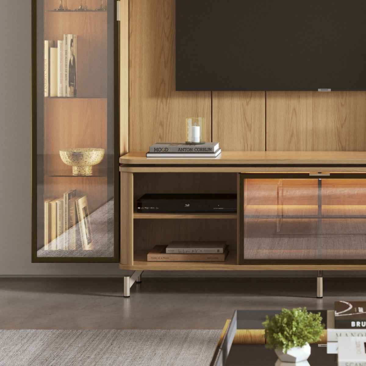 Estante para TV até 75 Polegadas com 2 Cristaleiras Vidro Reflecta 100% MDF com Led Lincoln Float 254cm - Província - Rack com painel