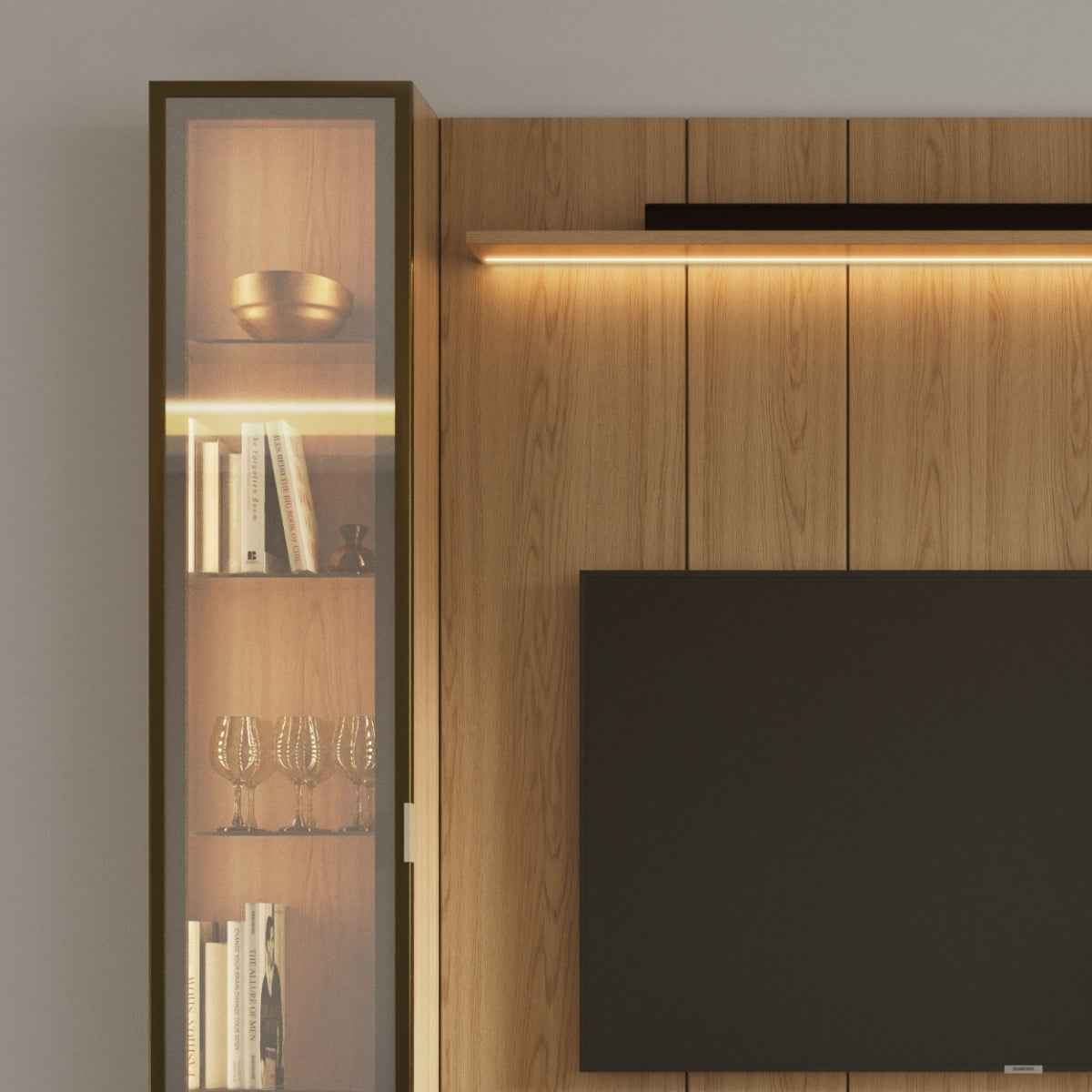 Estante para TV até 75 Polegadas com 2 Cristaleiras Vidro Reflecta 100% MDF com Led Lincoln Float 254cm - Província - Rack com painel