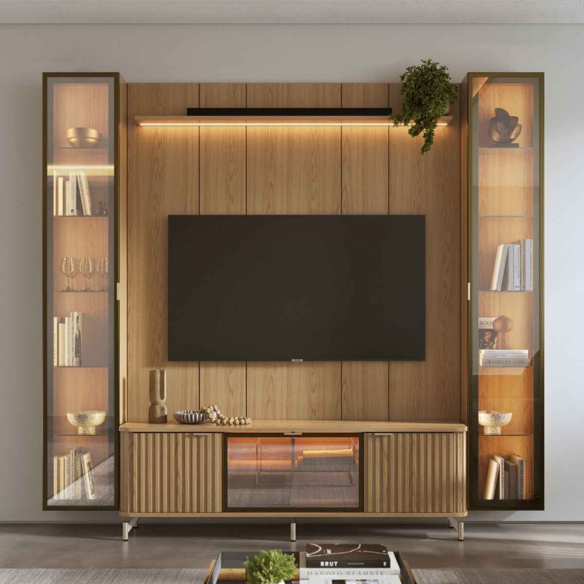 Estante para TV até 75 Polegadas com 2 Cristaleiras Vidro Reflecta 100% MDF com Led Neon Float 254cm - Província - Rack com painel