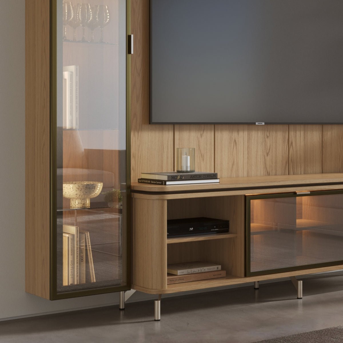 Estante para TV até 75 Polegadas com Prateleiras e Cristaleira Vidro Reflecta 100% MDF com Led Lincoln Float 254cm - Província - Rack com painel
