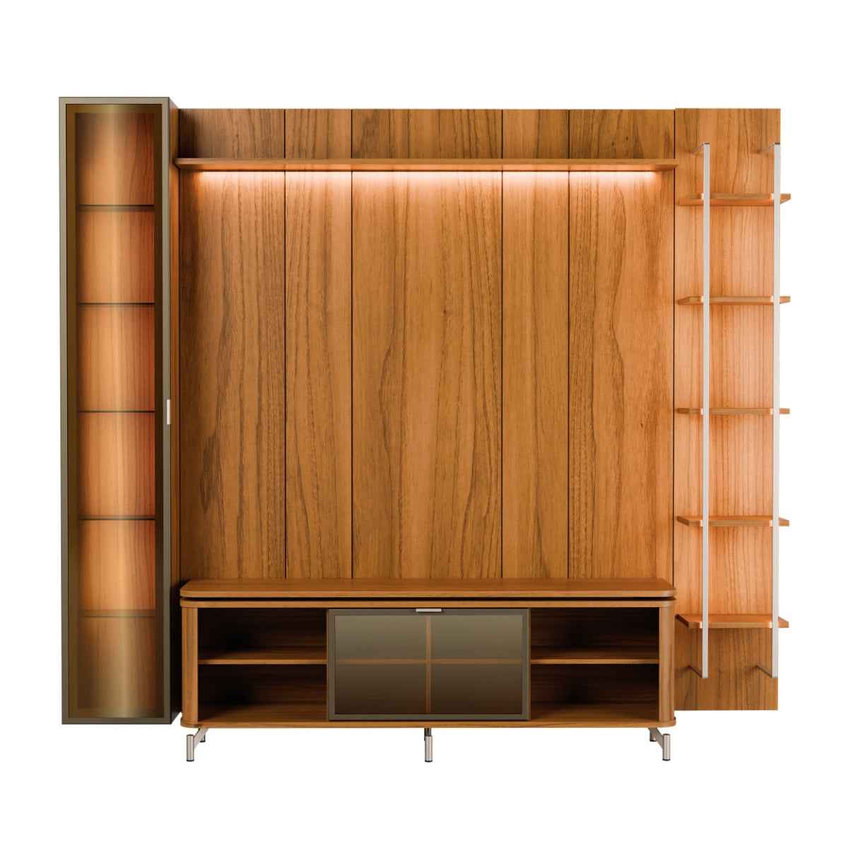 Estante para TV até 75 Polegadas com Prateleiras e Cristaleira Vidro Reflecta 100% MDF com Led Lincoln Float 254cm - Província - Rack com painel