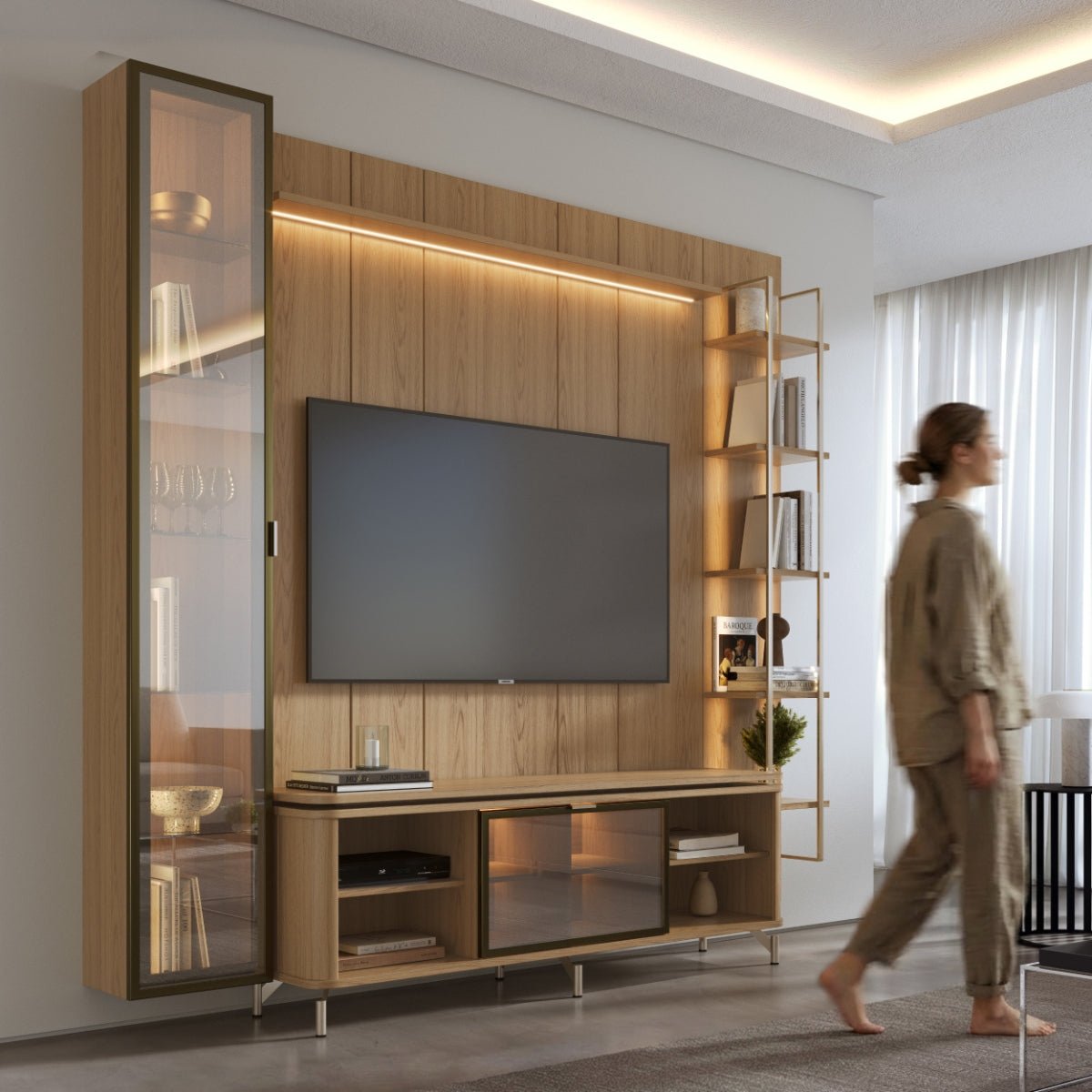 Estante para TV até 75 Polegadas com Prateleiras e Cristaleira Vidro Reflecta 100% MDF com Led Lincoln Float 254cm - Província - Rack com painel