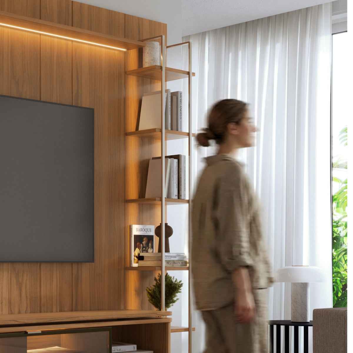 Estante para TV até 75 Polegadas com Prateleiras e Cristaleira Vidro Reflecta 100% MDF com Led Lincoln Float 254cm - Província - Rack com painel