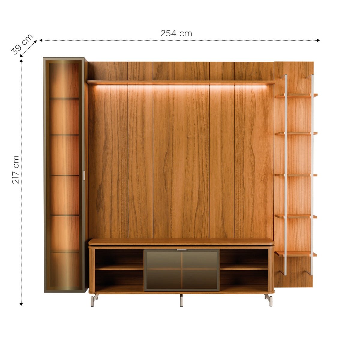 Estante para TV até 75 Polegadas com Prateleiras e Cristaleira Vidro Reflecta 100% MDF com Led Lincoln Float 254cm - Província - Rack com painel